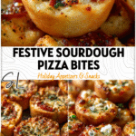 Golden sourdough pizza bites topped with cheese and herbs on a holiday platter.